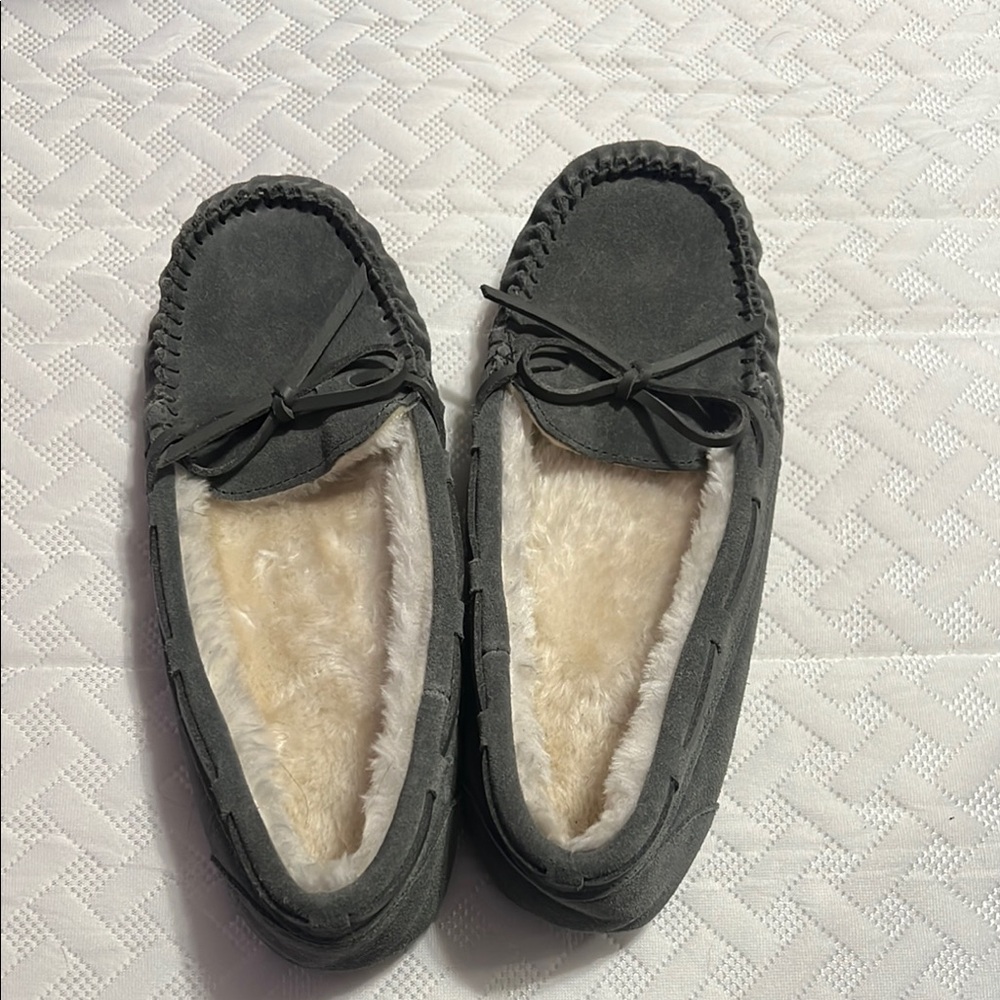 Cozy Gray Suede Moccasin Slippers